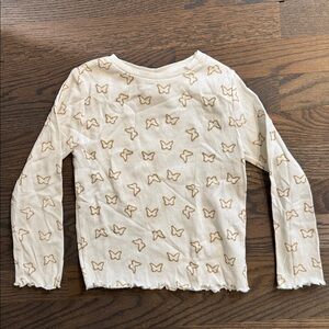 Zara Cream with Gold Butterfly Pattern Long Sleeve Tee, Ruffled Hem, size 6